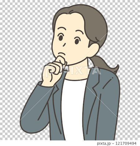 一個穿著西裝的女人帶著困惑的表情思考的插圖 121709494