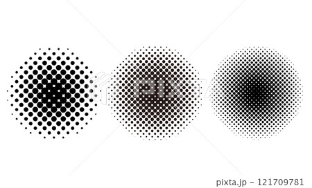 円形のハーフトーン(ドットグラデーション)セット 白背景に黒 円形のハーフトーン(ドットグラデーション)セット 白背景に黒 121709781