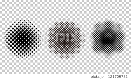 円形のハーフトーン(ドットグラデーション)セット 白背景に黒 円形のハーフトーン(ドットグラデーション)セット 白背景に黒 121709781