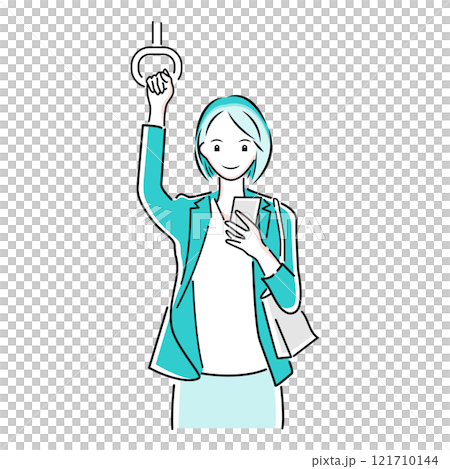 Illustration of an office lady holding onto a strap while looking at her smartphone during her commute 121710144