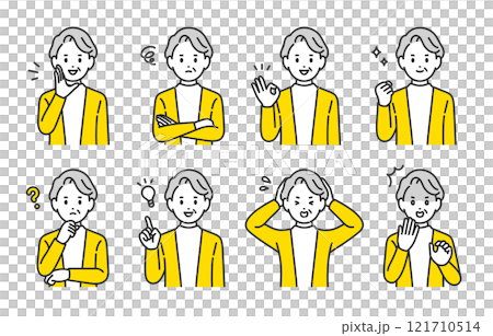 一組臉部表情和姿勢各異的老年婦女和老人【人物向量圖素材】 121710514