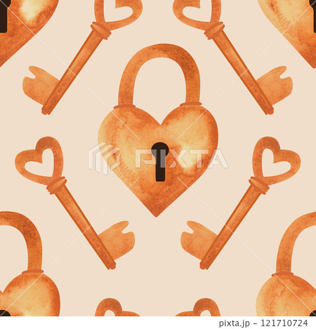 Seamless pattern with golden heart-shaped locks and keys. Watercolor illustration for textiles and wedding wrapping paper 121710724