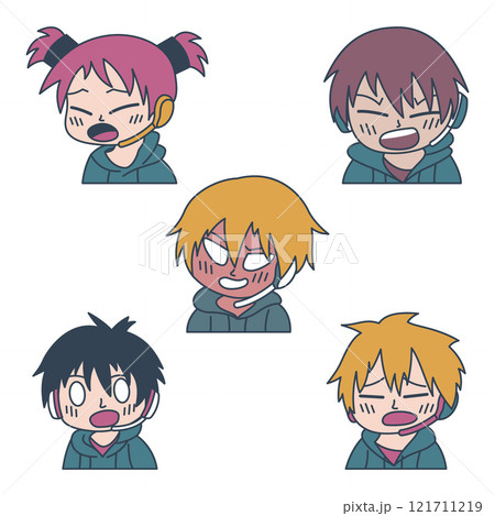 Set of Cute Boy Gamer Anime Cartoon Character Wearing Headset with Shouting Angry Expression Set of Cute Boy Gamer Anime Cartoon Character Wearing Headset with Shouting Angry Expression 121711219