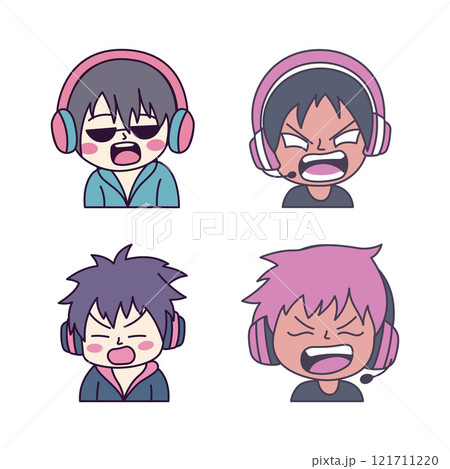 Set of Cute Boy Gamer Anime Cartoon Character Wearing Headset with Shouting Angry Expression Set of Cute Boy Gamer Anime Cartoon Character Wearing Headset with Shouting Angry Expression 121711220