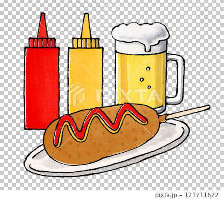 アメリカンドッグと生ビール(ケチャップ&マスタード) 121711622