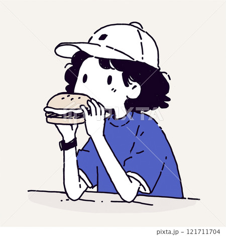 ハンバーガーを食べる女性　シンプルなイラスト 121711704