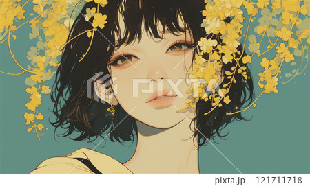美しい女性と鮮やかに咲くラバーナムの花 121711718