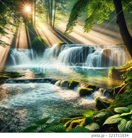 森の中の美しい滝のイラスト 121711834
