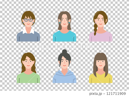 Set of women in casual clothes smiling 121711909