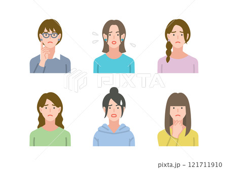 困った表情をしたカジュアルな服装の女性セット 121711910