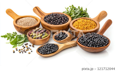 Beans with leaves on white background. Beans with leaves on white background. 121712044