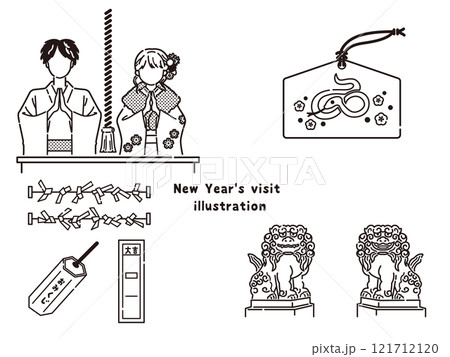 初詣のイラストセット(線画) 初詣のイラストセット(線画) 121712120