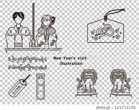 初詣のイラストセット(線画) 初詣のイラストセット(線画) 121712120