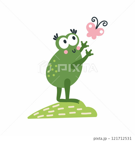 Cute frog catches butterfly. Vector illustration for children in style of doodles. Postcard design element. Cute frog catches butterfly. Vector illustration for children in style of doodles. Postcard design element. 121712531