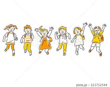ランドセルを背負ってこちらに向かって走ってくる子どもたちのセット 121712544