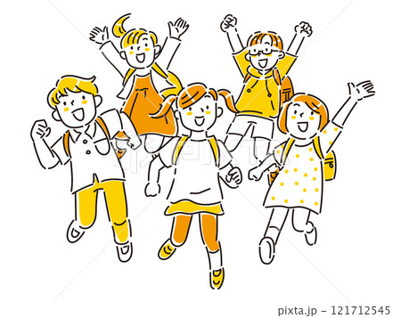 ランドセルを背負ってこちらに向かって走ってくる子どもたち ランドセルを背負ってこちらに向かって走ってくる子どもたち 121712545