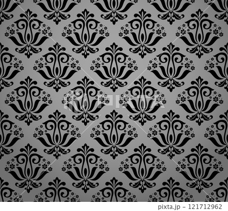 Floral pattern. Vintage wallpaper in the Baroque style. Seamless vector background. Gray and black ornament for fabric, wallpaper, packaging. Ornate Damask flower ornament Floral pattern. Vintage wallpaper in the Baroque style. Seamless vector background. Gray and black ornament for fabric, wallpaper, packaging. Ornate Damask flower ornament 121712962