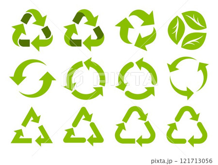 Collection of recycling and rotation arrow symbols. Recycle icons. Recycling arrows. Green icons for packaging, recycling. Ecology, environmentally friendly, environmental management symbols. 121713056