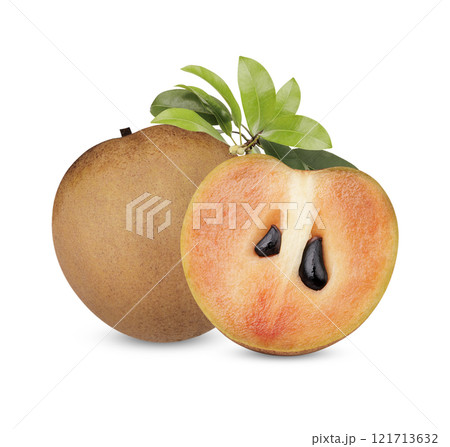 Fresh sapodilla with leaves isolated on white background Fresh sapodilla with leaves isolated on white background 121713632