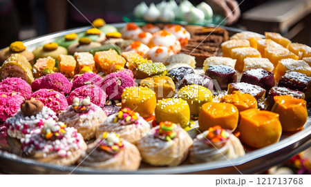 Diwali, Colorful platter of Diwali sweets arrange Diwali, Colorful platter of Diwali sweets arrange 121713768