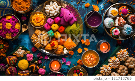 Colorful spread of Diwali snacks and sweet Colorful spread of Diwali snacks and sweet 121713769