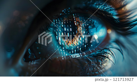 A close-up of a human eye reflecting binary code A close-up of a human eye reflecting binary code 121713927