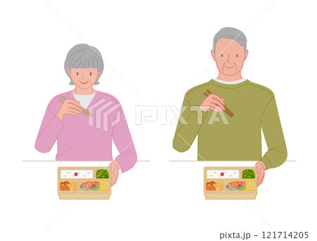 お弁当を食べる笑顔のシニア夫婦セット お弁当を食べる笑顔のシニア夫婦セット 121714205