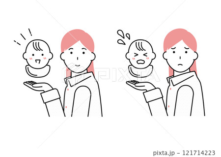 若い母親と赤ちゃんの顔のバリエーションイラスト―子育て支援イメージ 121714223