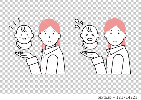 Illustration of young mother and baby's face variations-childcare support image 121714223