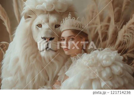 女王とライオン　AI生成素材 121714236