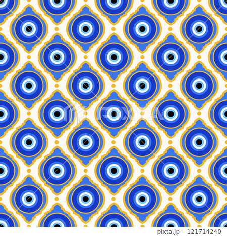 Evil eye seamless background. Greek and Turkish blue bead. Vector magic pattern with ethnic nazar - symbol of protection and luck. Traditional ornament with energy amulet and spiritual talisman 121714240