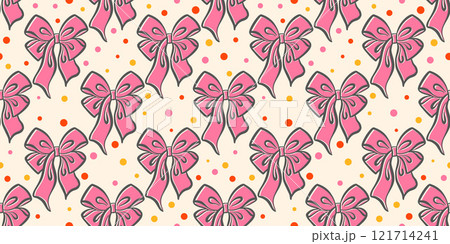Pink ribbon bows seamless pattern with cute trendy knots. Vector vintage girly background for holidays and party decoration. Flirtatious satin hair accessories with confetti 121714241