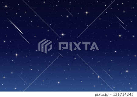 Night sky background with stars and comets. Dark blue galaxy outer space with constellations with cosmic light of sparkles. Magic astrology vector gradient wallpaper. Realistic beautiful nature 121714243