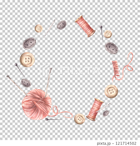 Buttons, a pink yarn ball with knitting needles, thread spool and sewing pins circle frame. Needlework, handicrafts round label template. Watercolor hand drawn illustration isolated from background 121714502