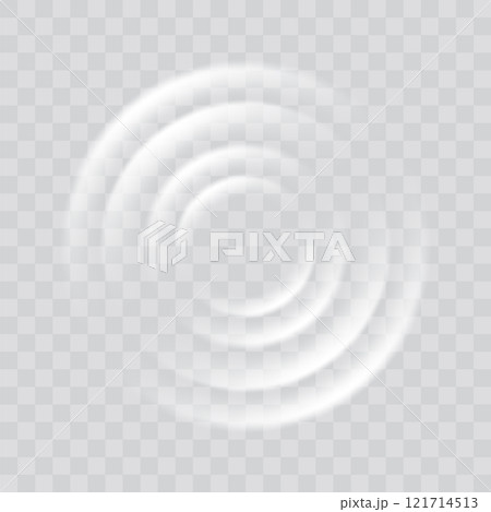 Water ripple effect top view. Realistic caustic drop or sound wave splash effect, concentric circles in puddle. Vector round wave surface on transparent background Water ripple effect top view. Realistic caustic drop or sound wave splash effect, concentric circles in puddle. Vector round wave surface on transparent background 121714513