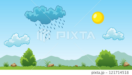 Summer landscape with green grassy field under a clear blue sky with white clouds and shining sun - vector illustration 121714518