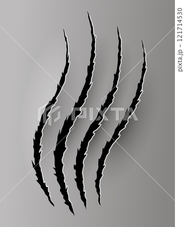 Bear or tiger claw mark. Scratches and torn traces of vector animal paw slashes. Hole in sheet of paper with torn edges. Vector illustration 121714530