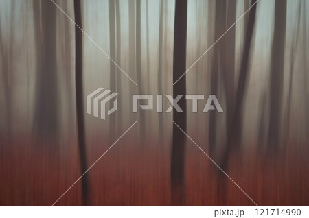 Trees in the forest with fog. Blurred - photographed with movement as art. Concept for landscape with winter nature. Cold weather with fog in winter time. 121714990