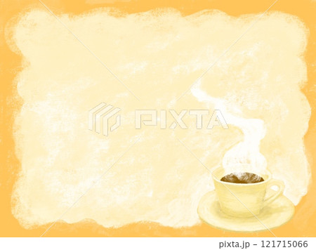 オレンジをバックにベージュのモクモクとした背景に一杯の温かいコーヒーイラスト オレンジをバックにベージュのモクモクとした背景に一杯の温かいコーヒーイラスト 121715066