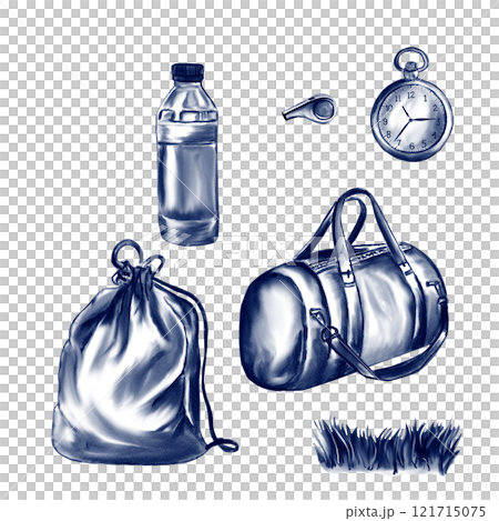 Sporting goods. Bag for uniform, water, stopwatch and whistle. Attributes for sports. watercolor illustration. Monochrome vintage style. No background. Sporting goods. Bag for uniform, water, stopwatch and whistle. Attributes for sports. watercolor illustration. Monochrome vintage style. No background. 121715075