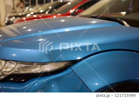 Car Sales and Loan Industry Concept. Row of Brand New Vehicles in Stock. 121715099