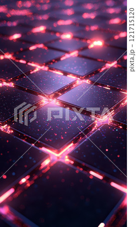 Futuristic glowing grid with vibrant particles and reflections 121715120