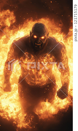 fierce demon with glowing tattoos emerges from flames 121715179