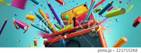 burst of colorful pencils, pens, and markers pouring into an open briefcase, symbolizing the excitement of a new school year. 121715268