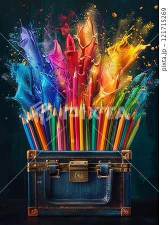 burst of colorful pencils, pens, and markers pouring into an open briefcase, symbolizing the excitement of a new school year. 121715269