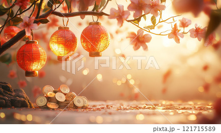 background with lanterns, talismans and coins in soft light 121715589