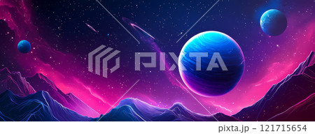 Outer space with faint comets, distant planets, and vibrant star constellations glowing. Outer space with faint comets, distant planets, and vibrant star constellations glowing. 121715654