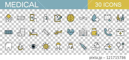 Medical, hospital, and disease line icon set (color) Medical, hospital, and disease line icon set (color) 121715786