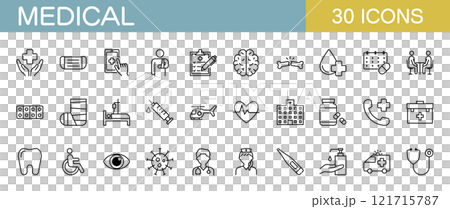 Medical, hospital and disease line icon set 121715787