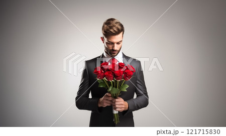 A handsome man in a sleek suit holds a stunning bouquet of red roses, preparing to present them to his beloved, creating a romantic and heartfelt gesture. AI Generated 121715830